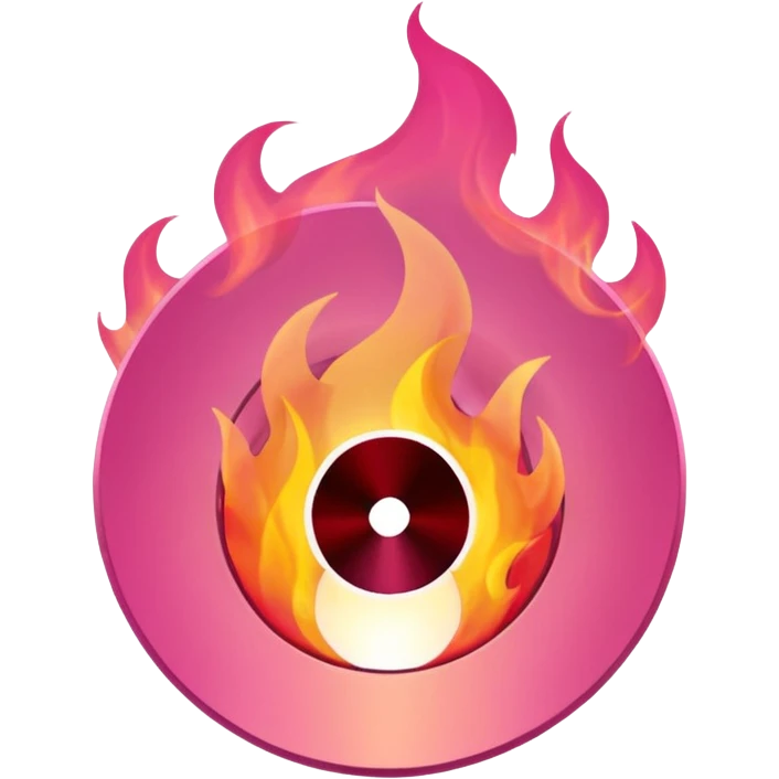 A minimalist CD disc with a subtle fire design, pink flames, with a circle in the middle and a hole in the center emoji