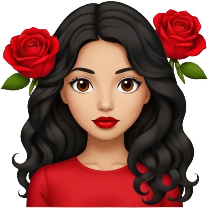 Red lips Olive brown eyed women with black long wavy hair rose background red top emoji