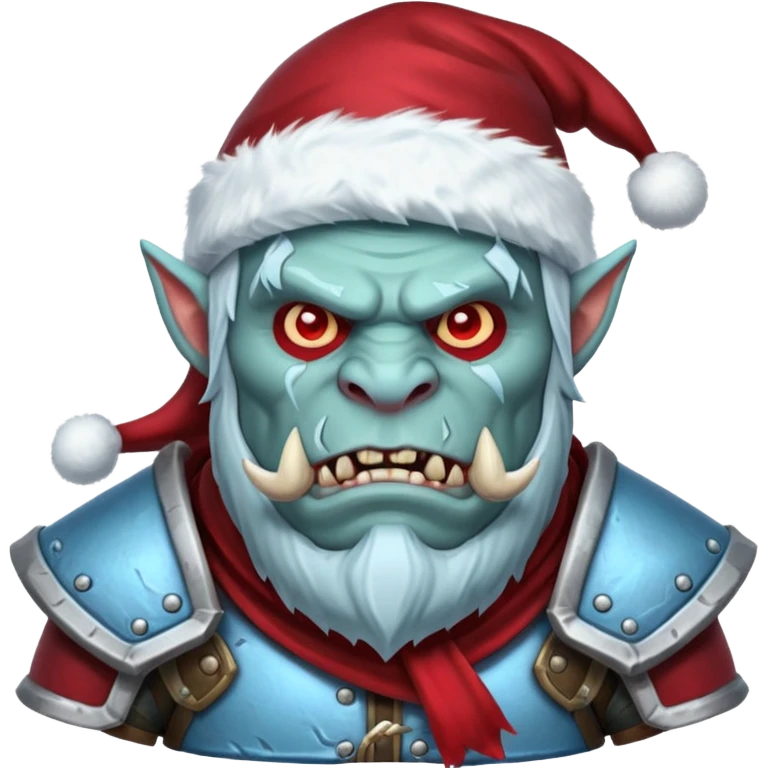 
Fantasy Christmas orc legion soldier icon, iron tundra army theme, heavy winter armor, disciplined brutal look, icy blue steel armor with deep crimson accents, frozen metal texture, cold winter atmosphere, male variant emoji