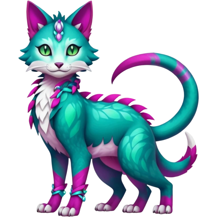 Kawaii colorful iridescent dark-turquoise-green and magenta and white beautiful pretty elegant divine edgy feline-vernid-sergal-Fakémon-Pokémon-fursona-animal-creature with accessories, full body, with intricate detailed markings emoji