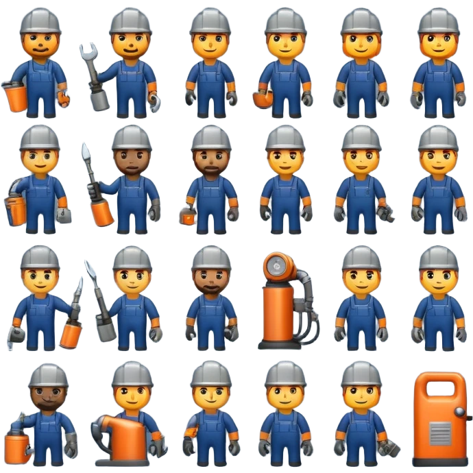 Professional custom emojis of industrial workers: welder, grinder, CNC operator, spray painter, metalworker. Modern, clean, slightly 3D style. Industrial color palette: steel gray, navy, orange. Transparent background emoji