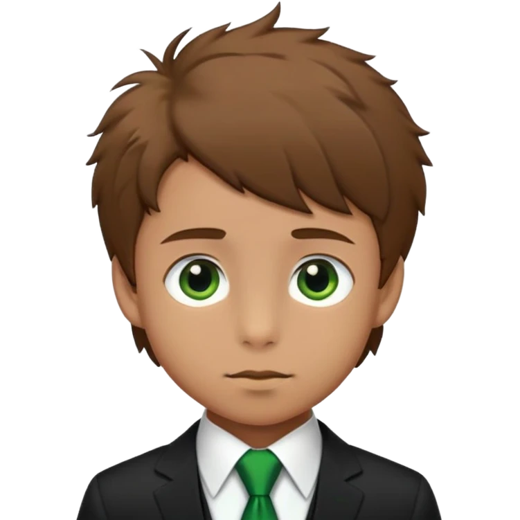 Boy in black suit green tie with brown short fluffy hair and long nose emoji