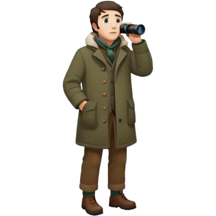 henry David thoreau full body looking up  birdwatching with binoculars in snow emoji