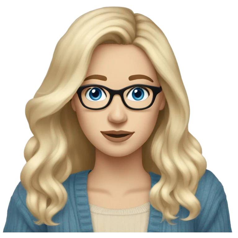 Blonde balayage long hair white women beige sweater blue eyes and small glasses holding phone  emoji