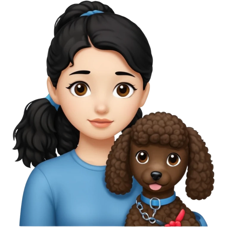 Ponytail black hair girl with brown Poodle say goodbye  emoji
