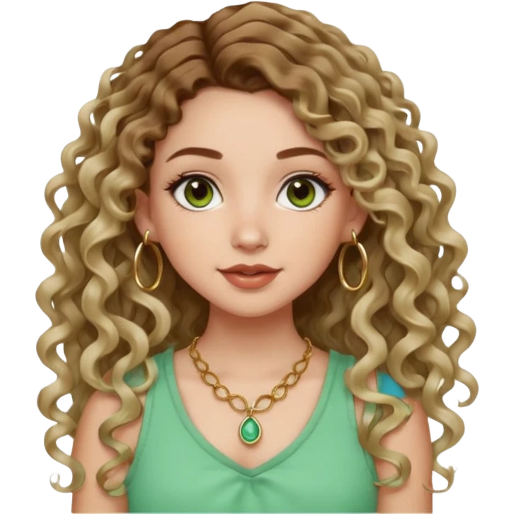 cute girl with not volominous VERY LONG curly/wavy balayage hair brown eyes full lips cute makeup cute necklace and hoop earrings white girl with light green top emoji