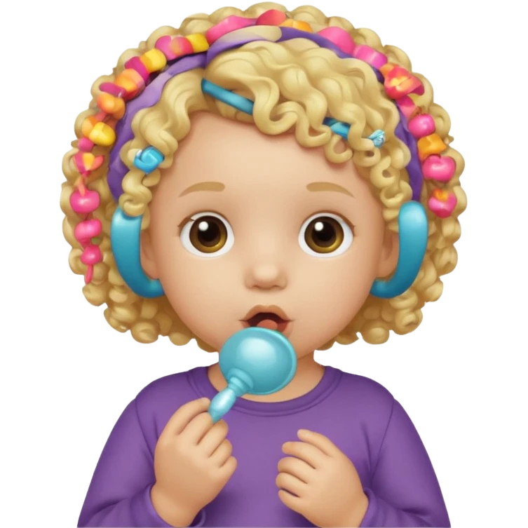 Close-up, curly blonde-haired toddler, pacifier emoji