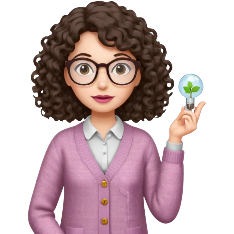 A crazy female scientist, with curly-wavy dark brown hair, brown eyes and light grey glasses and pale skin and pinkish lips, dressed to look like an english teacher emoji