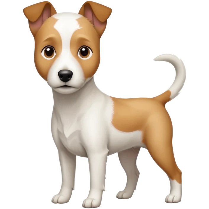 a full body slightly chubby white parson russell terrier looking dog the size of a kelpie with light brown long ears and a light brown patch on one eye and a large snout emoji