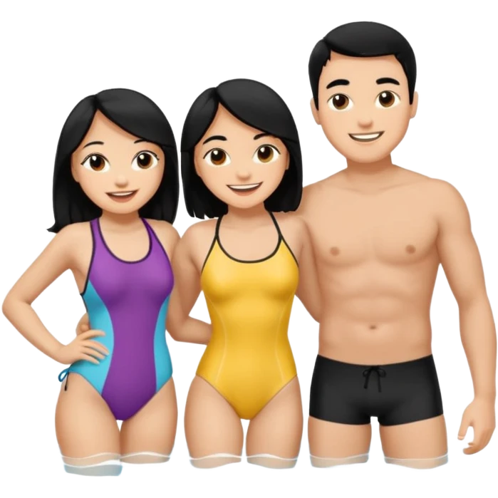 ligh skin black hair man and ligh skin black hair woman swin suit full body having fun emoji