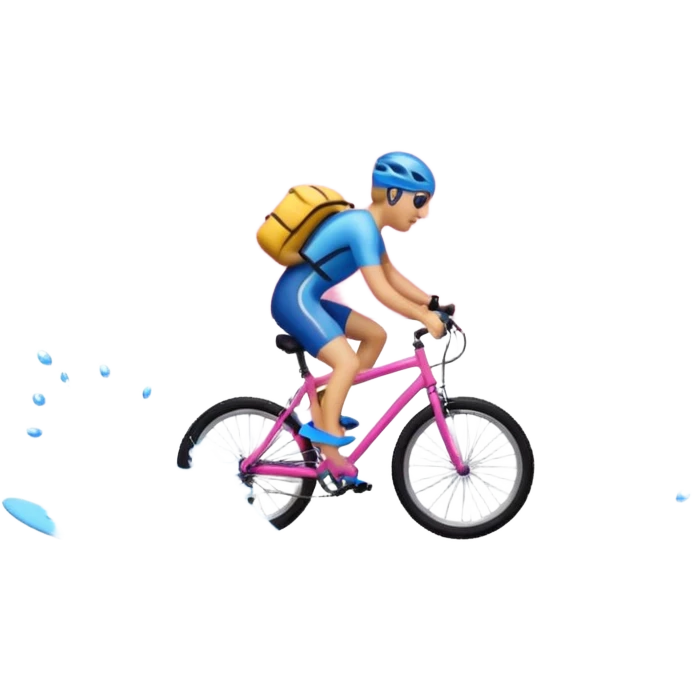 Emoji that first swims in ocean carrying a bicycle, afterwards rides the bicycle up a mountain and afterwards skis in pink clouds emoji