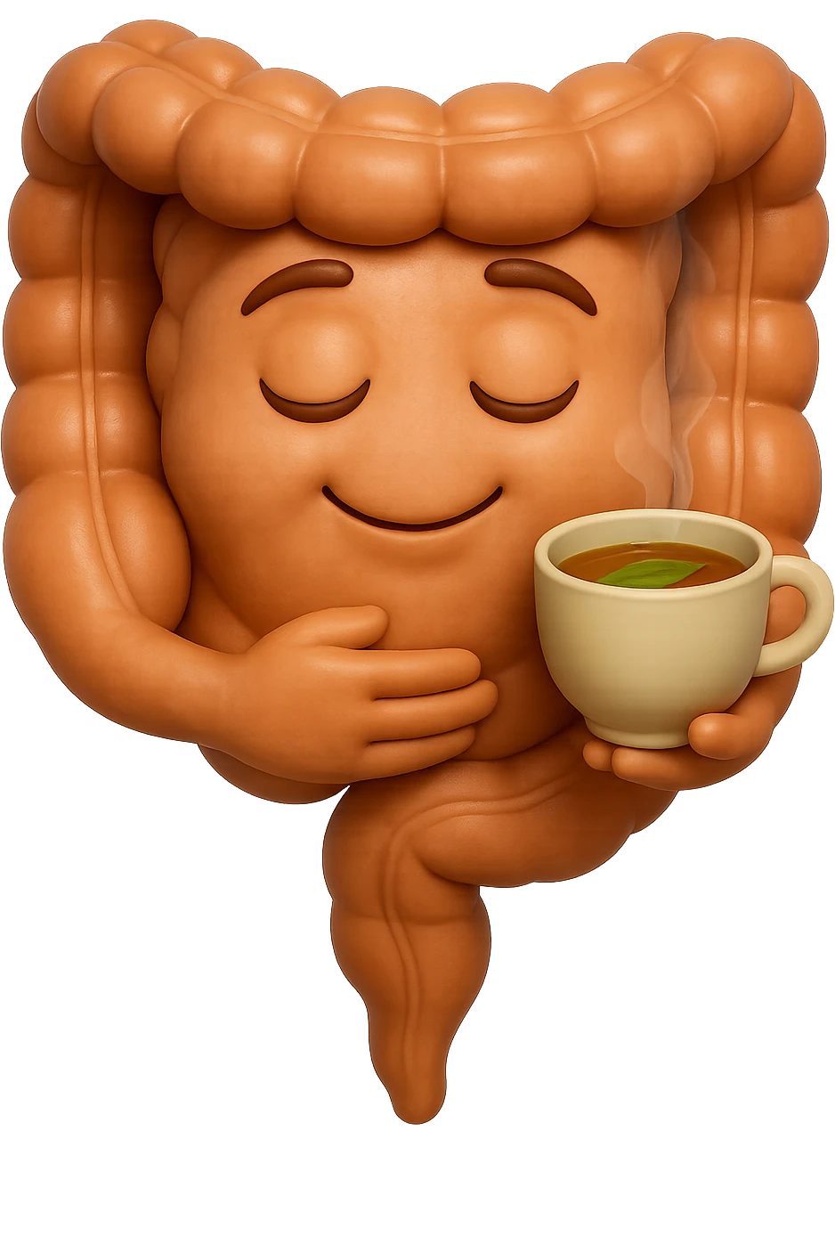 emoji stile iphone 3d di intestino umano sereno che si tocca la pancia mentre sorseggia un thè alle erbe, iperrealistico 4k emoji