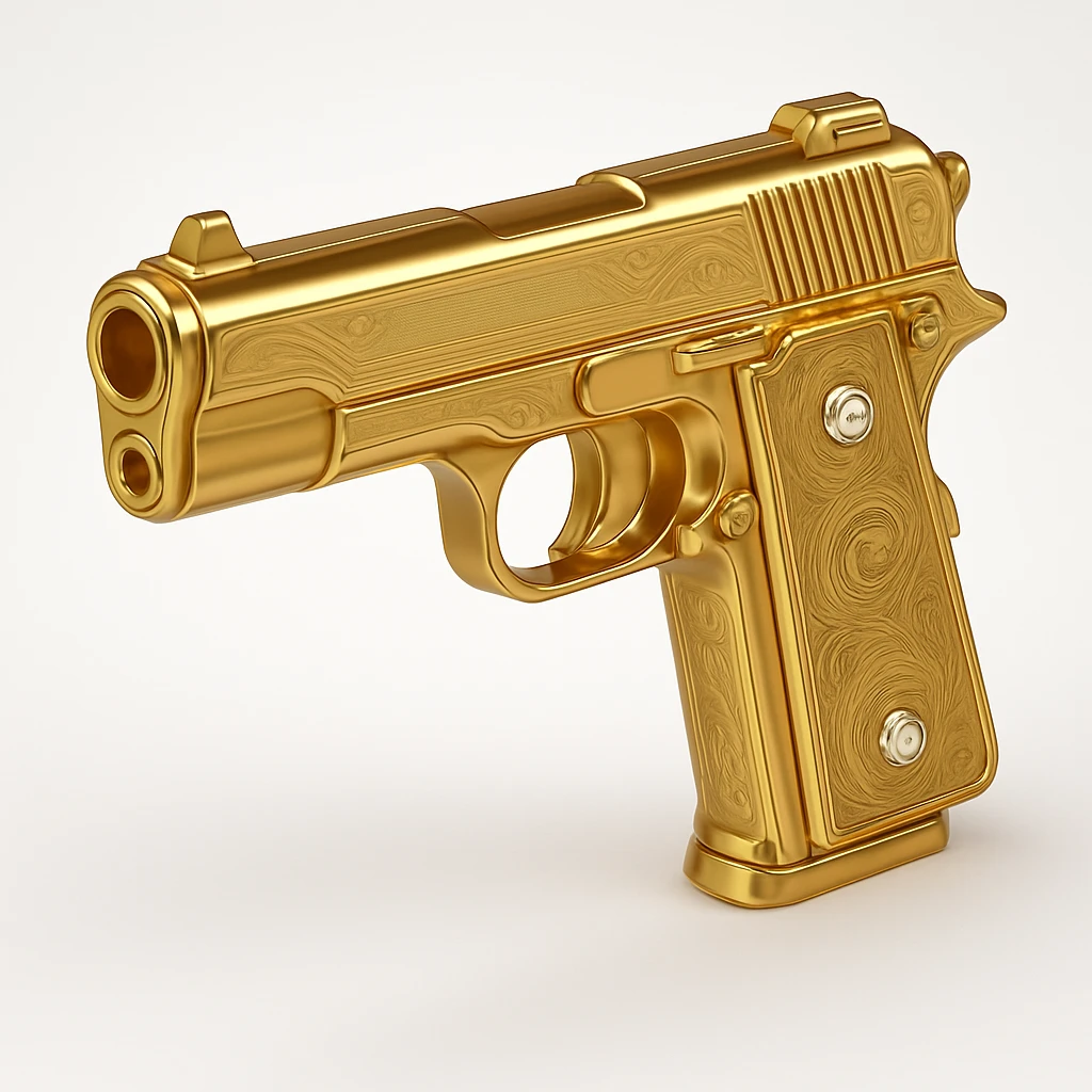 Add diamond details to the golden gun, keep it stylized and luxurious, in gold objects style. emoji