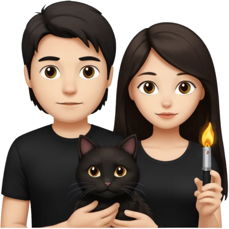 The man is wearing a black shirt and the women is wearing a black top and has longer hair. The cats fur  is lighter  emoji