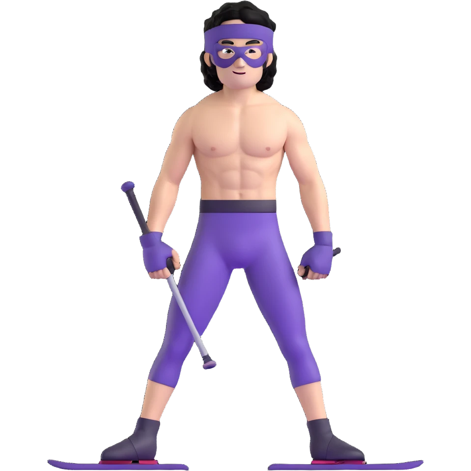 shirtless athletic man with white skin and black curly hair, wearing a purple ski mask emoji