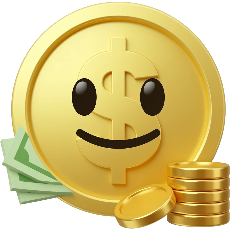 **Prompt:**  "Create a modern 3D emoji-style money icon with a smiling face, dollar bills, gold coins, and a luxurious shiny appearance. The design should look cute, premium, vibrant, and suitable for business or finance presentation. High quality, clean background, realistic lighting." emoji