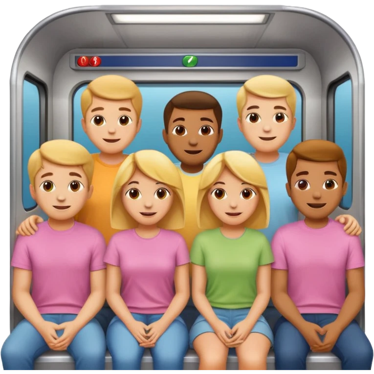 group of five cheerful people, men and women, standing and sitting close together in a subway car that looks like Apple emoji subway, dressed in different pastel t-shirts, Apple emoji style emoji