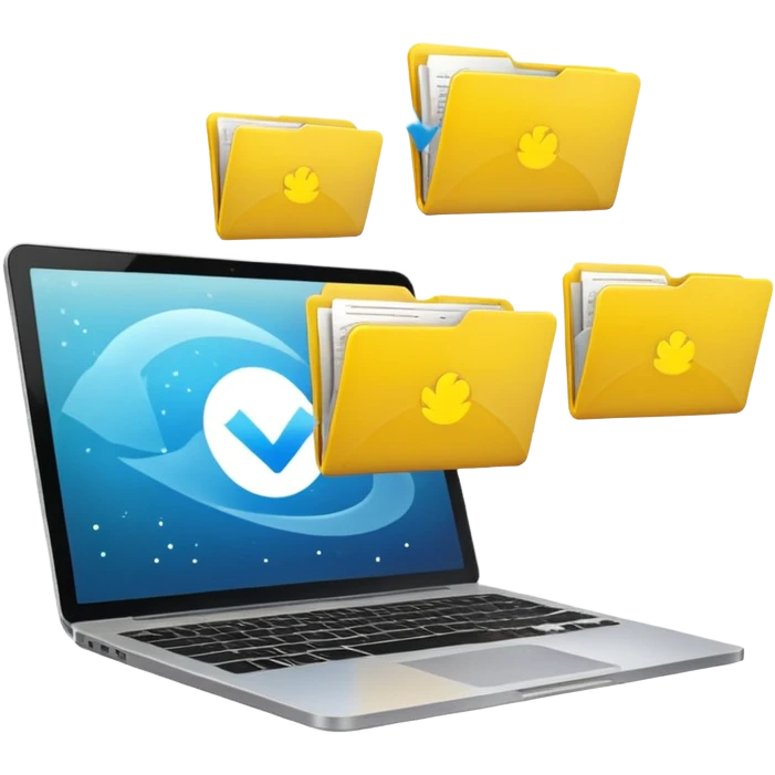 An open laptop with yellow folders containing data flying out. emoji