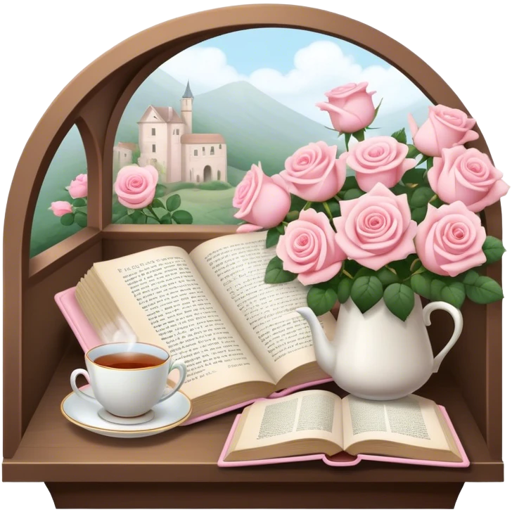 A cozy reading nook with an open book, a steaming cup of tea, and a bouquet of pale pink roses. emoji