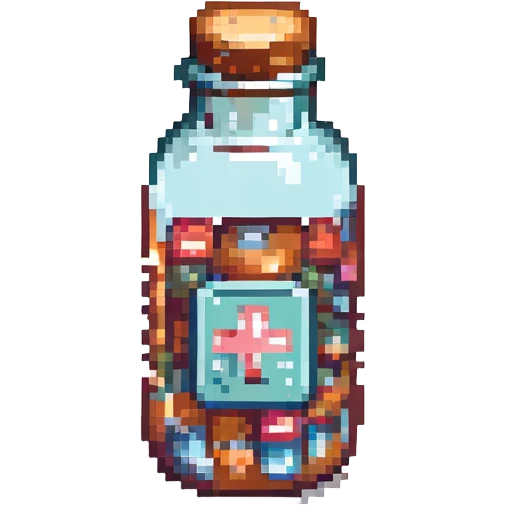 medicine bottle with blocky, retro graphics emoji