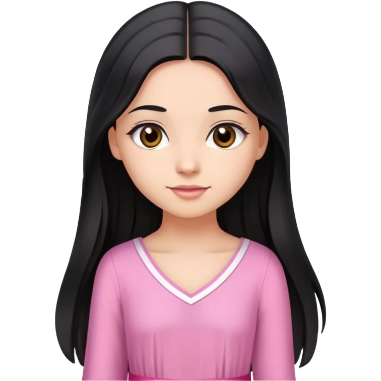 Beautiful girl with very long straight flowing black hair with small waves only at the ends, brown eyes, light skin, slight smile, pink ribbon in hair, and pink dress emoji