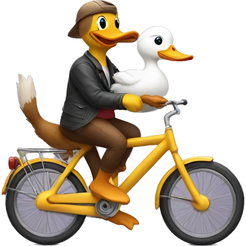 duck and cat riding on a bike emoji