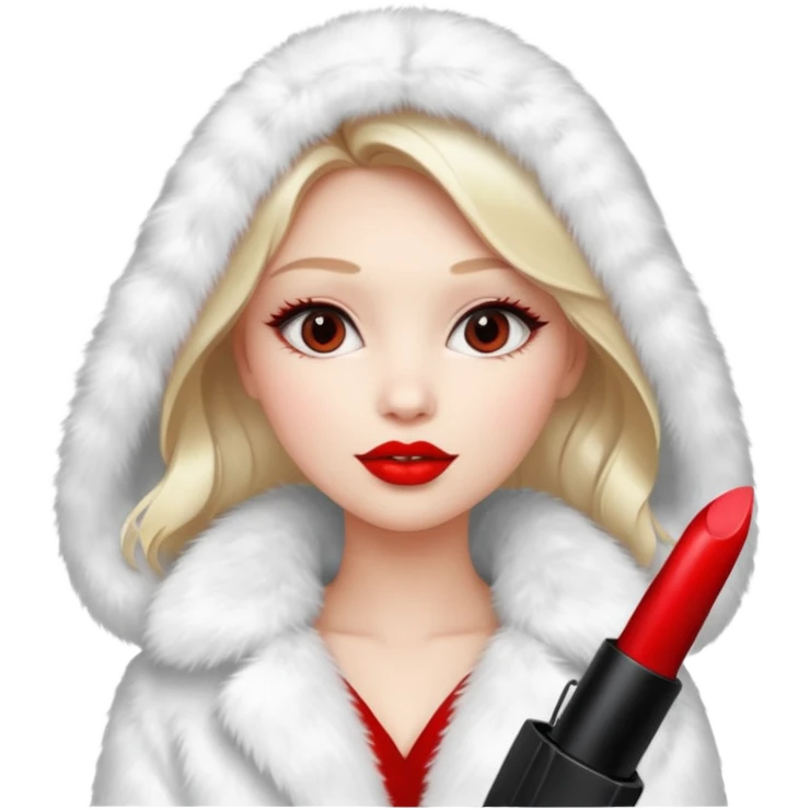 A beautiful, cute girl with red lipstick is posing for a photo in a white fur coat emoji