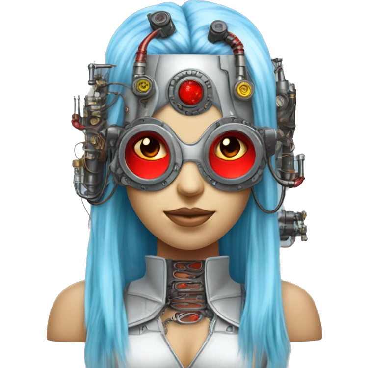 Light blue long hair female cyborg head with red steampunk goggles and circuits emoji