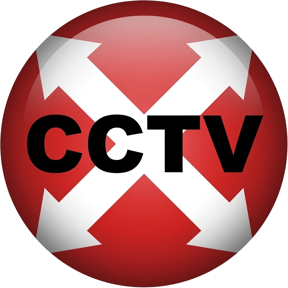 Red filled circle with white X and arrow on all end points on the X white circle in the middle. Biggest possible CCTV word across centre in black emoji