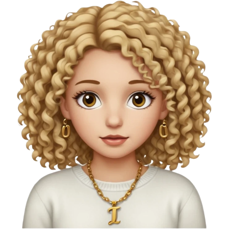 a dirty blonde girl with brown eyes and make her wearing a white sweater and a necklace with I intial with curly hair and white skin color, long hair and big lashes emoji