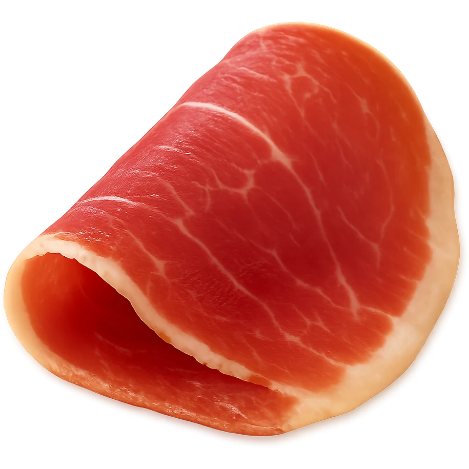 Show only one thin, delicately folded slice of dry-cured ham (jambon cru) with deep pink to reddish hue and visible streaks of white fat. Texture should be silky, slightly translucent, and marbled, with a natural fold or curl. Fat should look creamy and well integrated. Clean 3D, soft lighting, transparent background, emoji scale. emoji