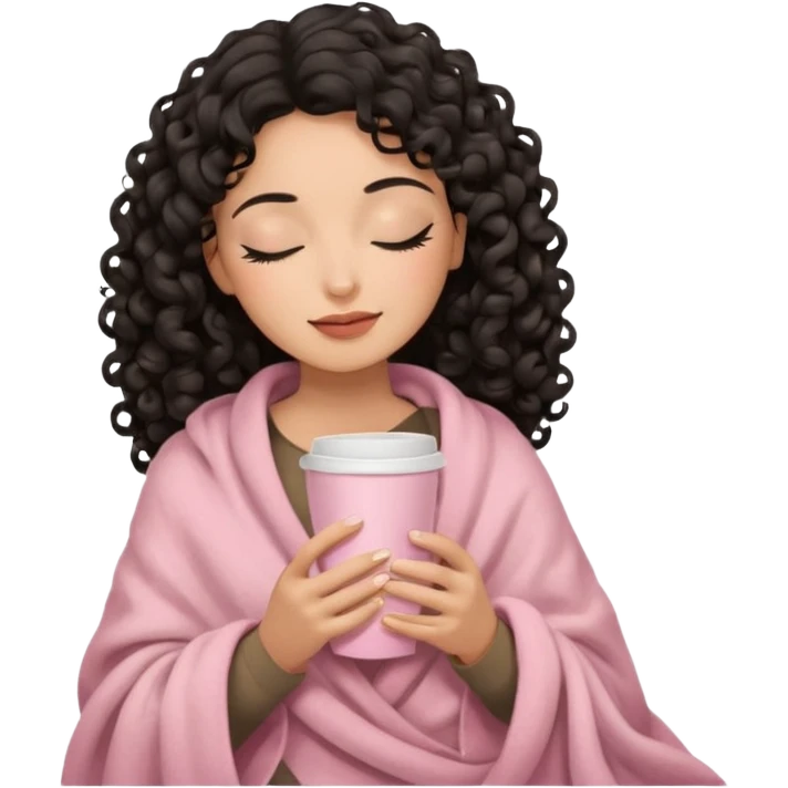 hispanic woman, black long 3b curls, closed eyes, feminine face, holding soft pink coffee cup with beige blanket over shoulders emoji