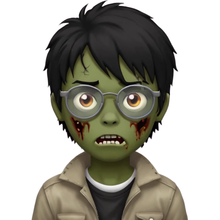 Boy, zombie, black hair, little long, emo, shaggy, dark, spooky, creepy expression, with black glasses emoji
