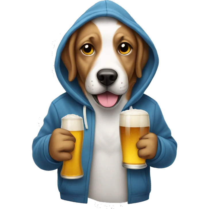 Dog wearing a hoddie with a beer emoji