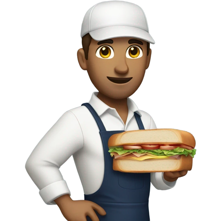Male man with brown hair worker with white shirt and navy apron with khakis and hat holding a sandwhich emoji