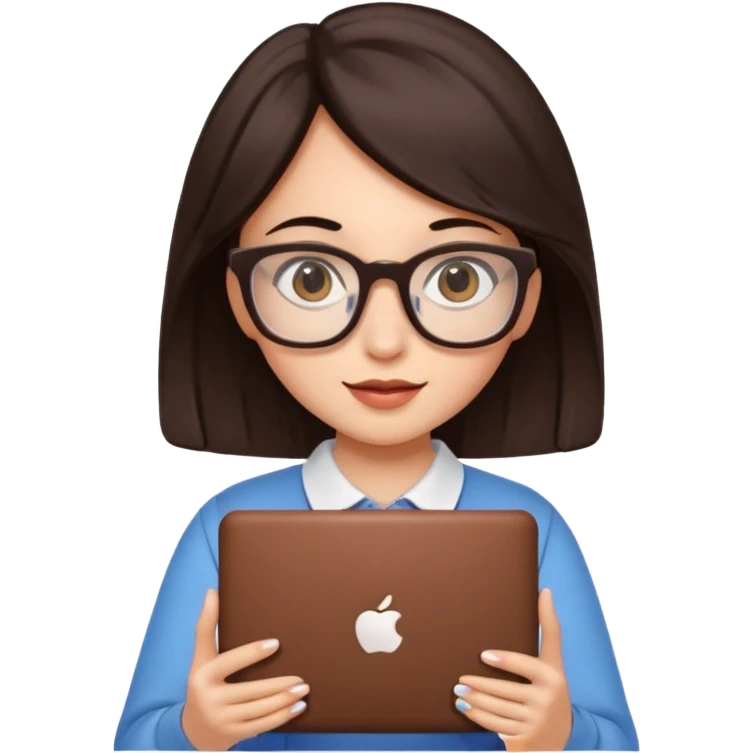 A chocolate-haired girl with square glasses, holding a Mac computer in her hands emoji
