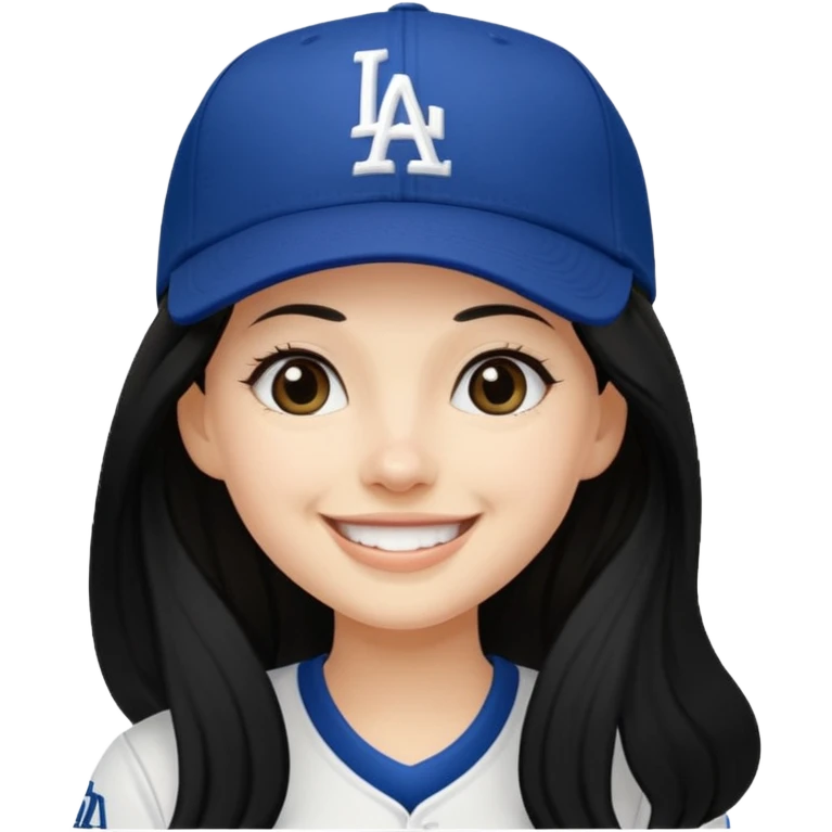 Can you make an emoji of a girl with fair skin with black long hair wearing an LA dodger hat. Only include her face no neck.  emoji