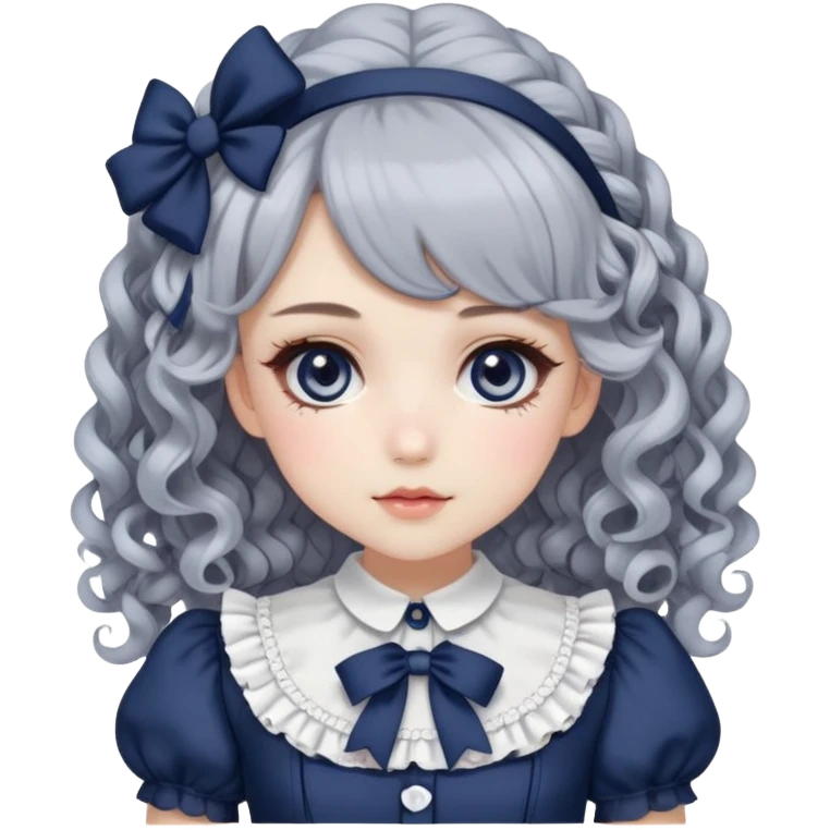 Pale girl with soft curly silver/grey-navy hair, grey eyes, doll-like makeup, wearing a navy lolita hime gyaru dress emoji. emoji