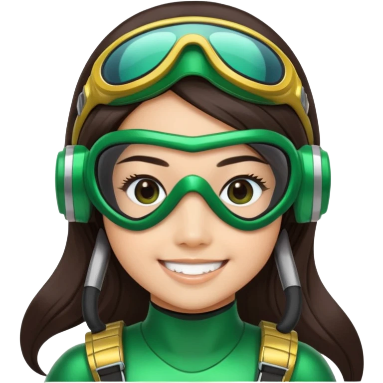 green Power Ranger, Asian girl with long straight dark brown hair, side part, big smile, scuba goggles emoji