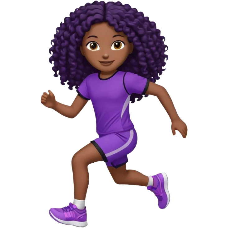 Uma boneca morena escura com olhos castanhos e cabelo cacheado longo preto até o peito, treinando correndo a roupa top roxo com detalhes preto e short roxo com detalhes preto emoji