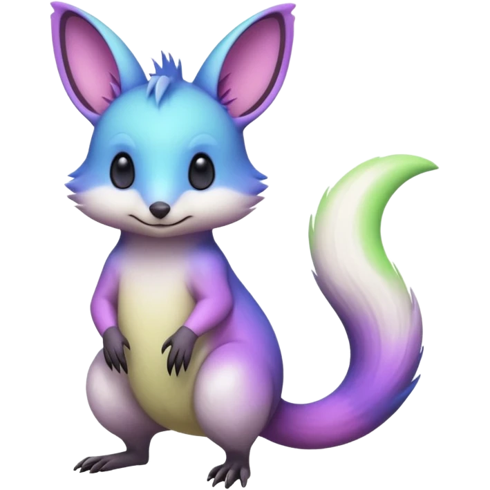 Iridescent Neon Lime-Green-Blue-Purple-Magenta-gradients Minccino-Emolga-Numbat-Sergal-fusion-hybrid-animal-creature, full body emoji