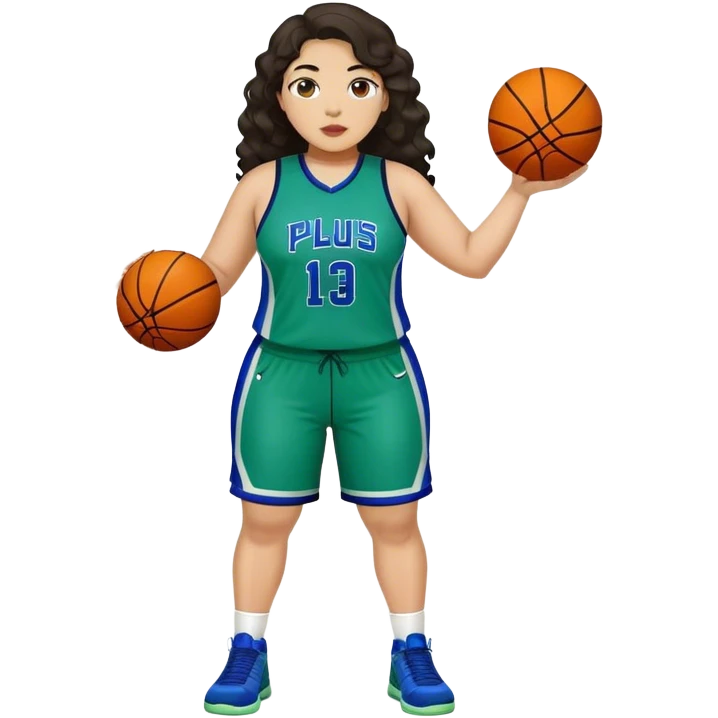 full body plus size light skin latino women basketball player with wavy dark hair wearing blue and green uniform emoji