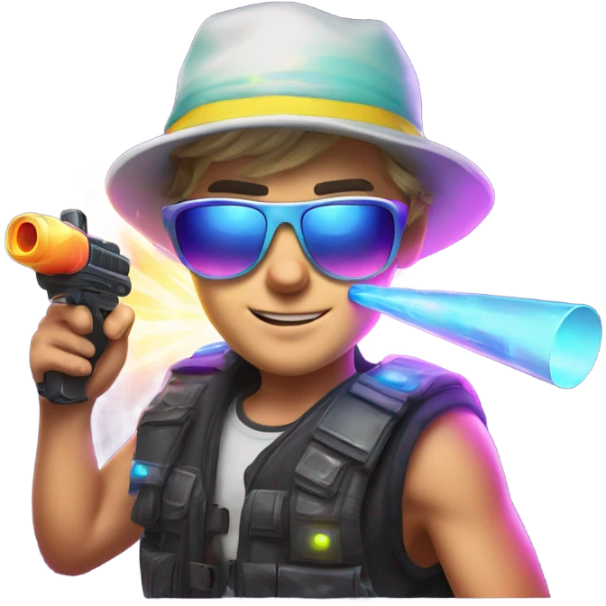 Caucasian boy in glowing rave gear with sunglasses and mask and hat and headlamp and shooting a bubble gun emoji