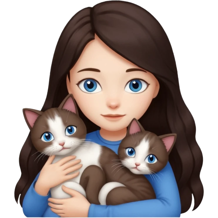 a girl with long dark 
brown hair, with blue eyes, hugs 3 different natural coloured cats emoji