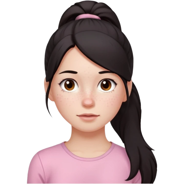 Девочка с длинными темными волосами в хвосте и веснушками в нежно розовом emoji