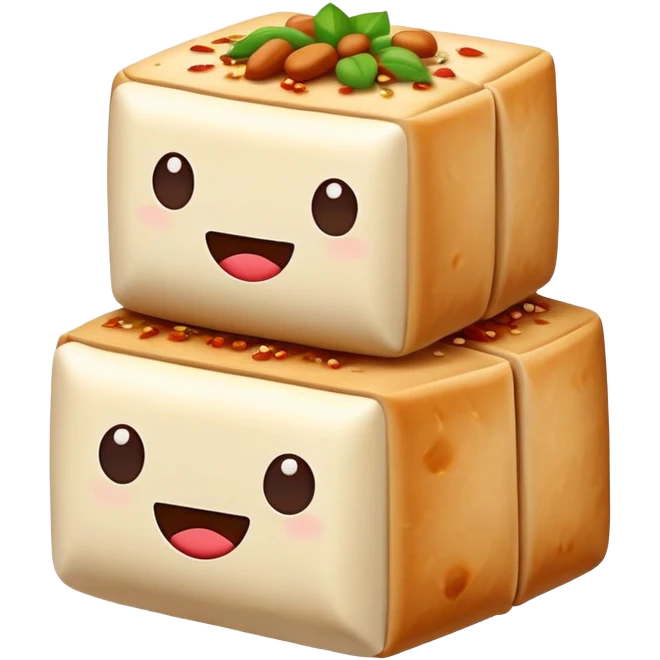 Hakka Stuffed Tofu with five spiced meat filling, simplified emoji style with bold outlines and bright colors, cartoon style unique triangular stuffed bean curd emoji