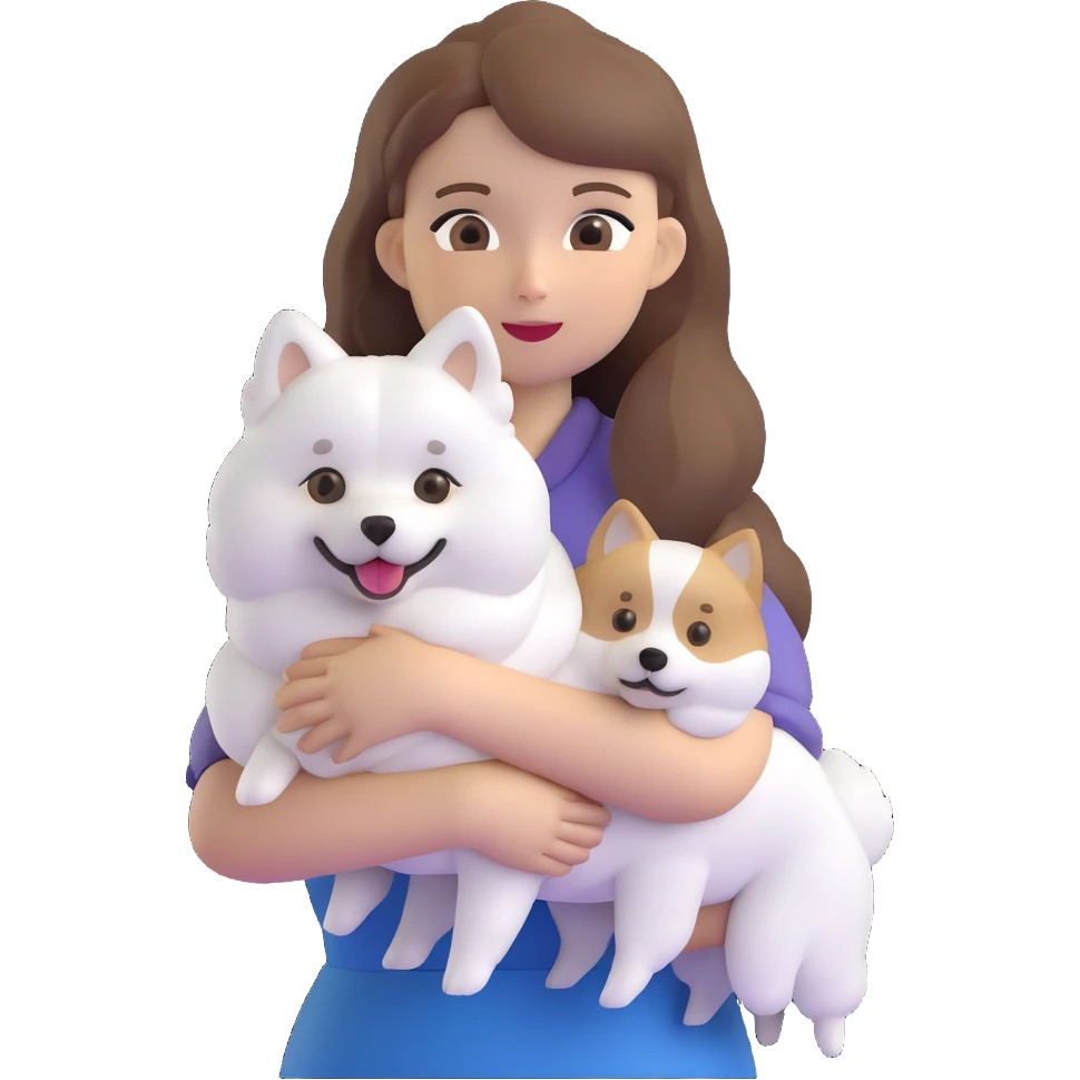 light brown hair girl with pale skin holding a Japanese spitz dog emoji