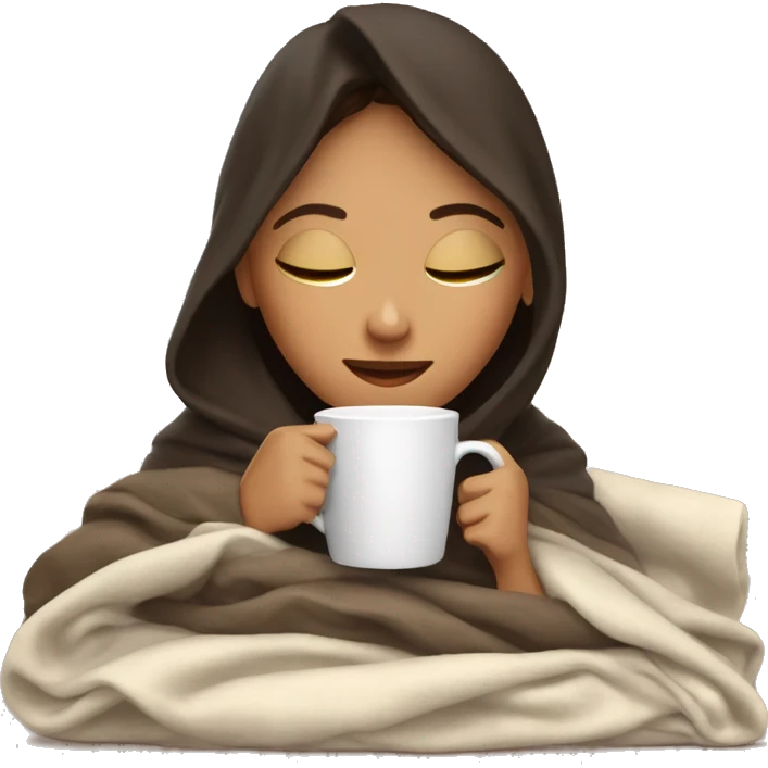 Brunet girl inside a blanket sipping coffee eyes closed emoji