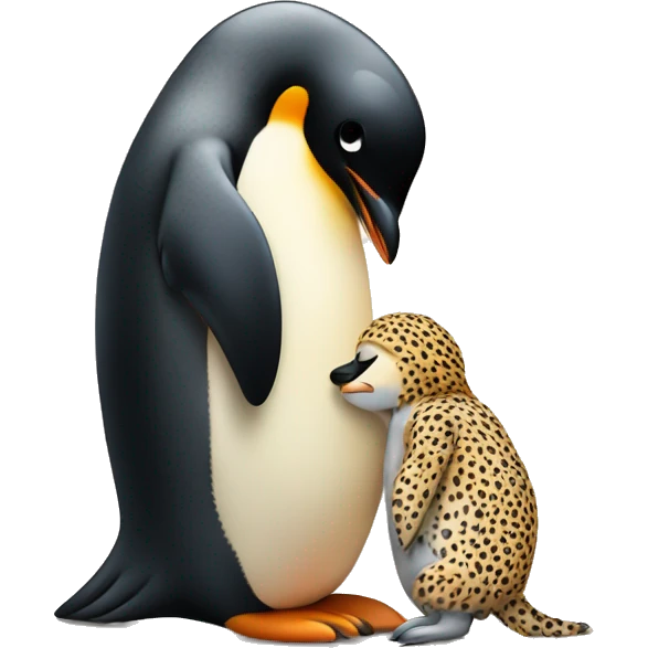Penguin hugging a small cheetah with hearts emoji