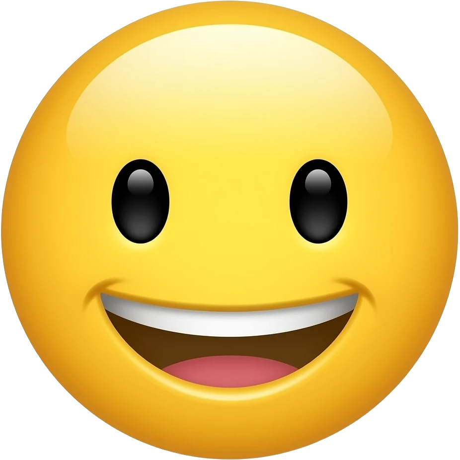 Glossy 3D rendered laughing person emoji, classic round yellow circle face, front-facing, slightly rounded edges, soft shading, white background emoji